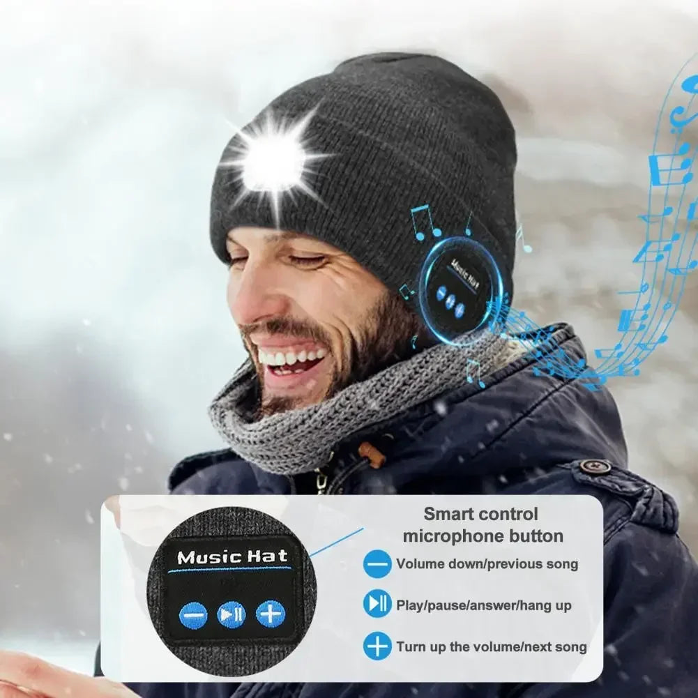 Bluetooth Beanie Hat with Light, Headlamp Cap with Headphones and Built-in Speaker Mic, Gifts for Men Women Teen