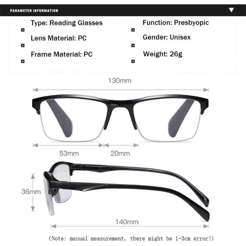 Square Reading Glasses Ultralight Half Frame Presbyopic Eyeglasses Men Women +0.25 0.5 0.75 1 1.25 1.5 1.75 2 2.25 2.5 2.75 3.0 - MarvelouStoree