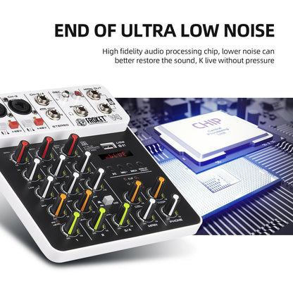 V4 Audio Interface Mixer with Bluetooth USB Recording Computer 48V Phantom Power Delay Replay Effects, 4-Channel Audio Mixer