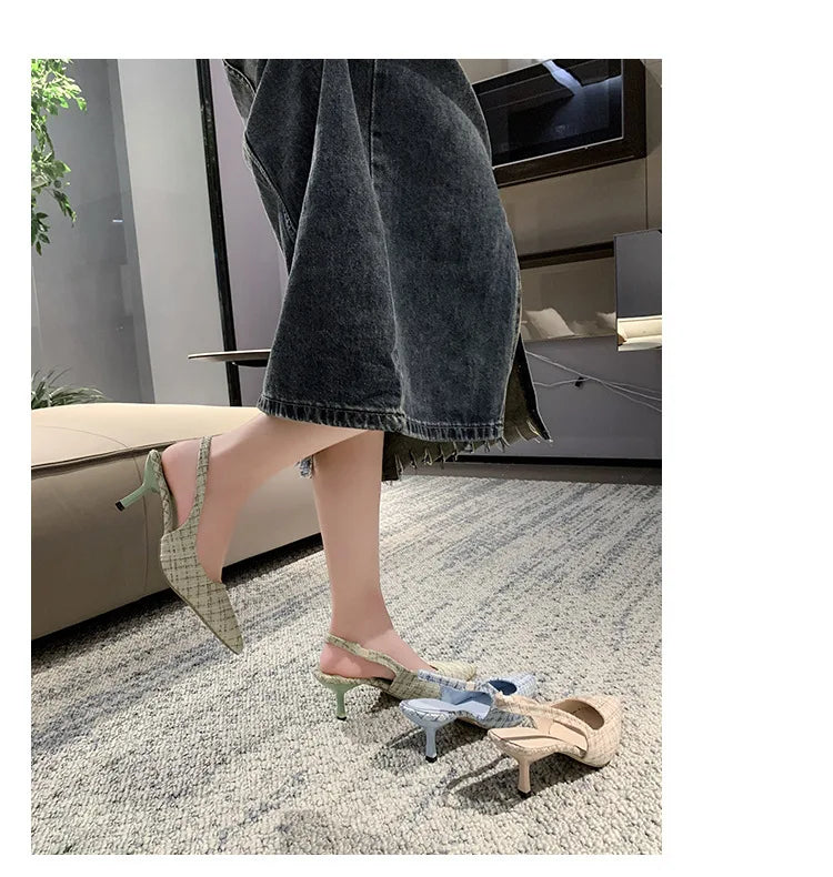 Sea Salt Blue Pointed High Heel Sandals for Women Back Hollow Half Headed Single Shoes Fashion Versatile Casual Shoes