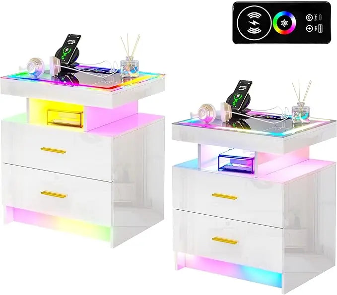 LED Nightstand Set of 2, Modern Bedside Table, Wireless Charging Station, USB Ports, High Gloss Smart Night Stand, RGB