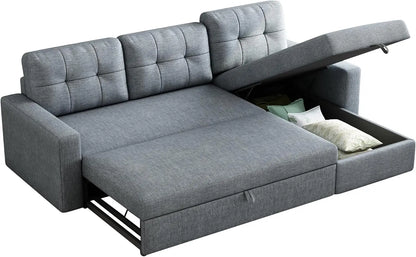 81.5" Sectional Sleeper Sofa with Storage Chaise, L Shaped Pull Out Couch Bed with 3 Removable Back Cushion for Living Room,Apar