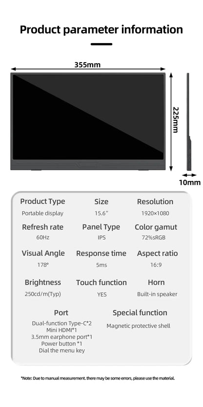 ZSUS 15.6-Inch Portable Monitor Touchscreen 1920*1080 HDR Low Blue Light For XBox PS4/ 5 Switch Loptop Cell Phone PC Extension