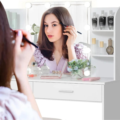 Mirror Vanity Makeup Table Set with  Drawers and Open Shelves