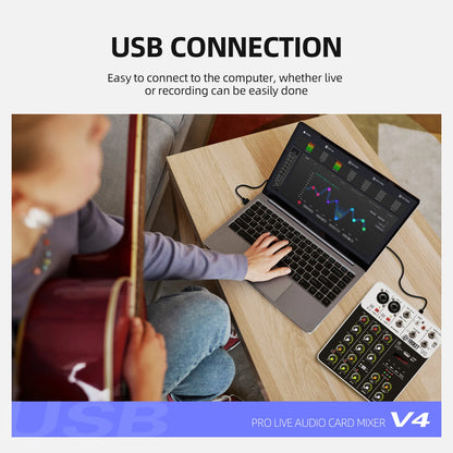 V4 Audio Interface Mixer with Bluetooth USB Recording Computer 48V Phantom Power Delay Replay Effects, 4-Channel Audio Mixer