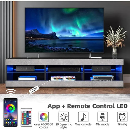 LED TV Stand for 65 inch TV Grey Black TV Stand with Led Lights Modern TV Entertainment Center with Glass Shelves TV