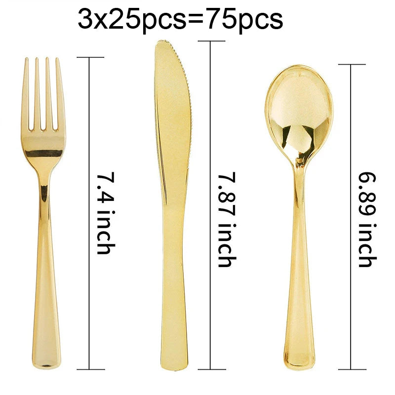 75 Piece Gold Disposable Cutlery Set - Disposable Plastic Rose gold Flatware - Includes 25 Forks, 25 Spoons, 25 Knives