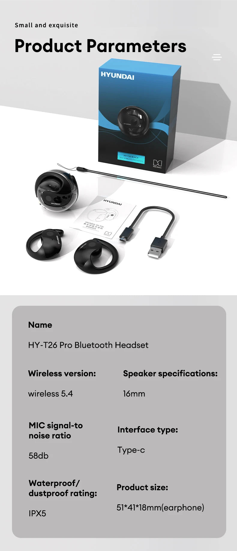 Choice HYUNDAI HY-T26 Pro Bluetooth 5.4 Earphones Ultra Hardware 24h Long Battery Life Headphone AI Functions HIFI Sound quality