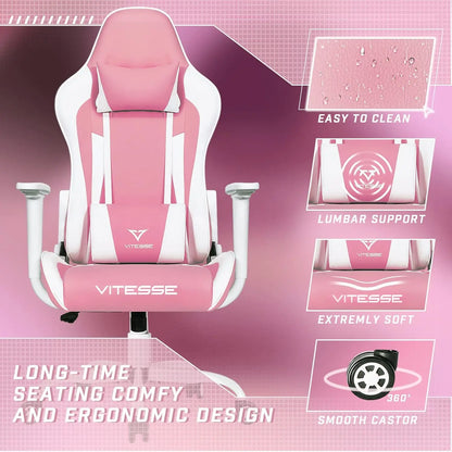 Pink Cute Kawaii Gaming Chair for Girl Ergonomic Desk Racing Office Adjustable High Back Game Swivel Leather Chair with L