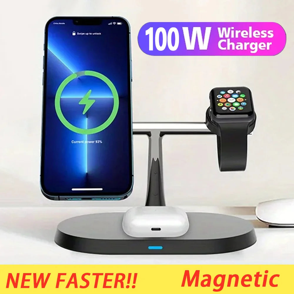 100W 3 in 1 Wireless Charger For iPhone 12 13 14 15 for Magsafe Charger Airpods Pro Apple Watch 9 8 7 6 QI Fast Charging Station