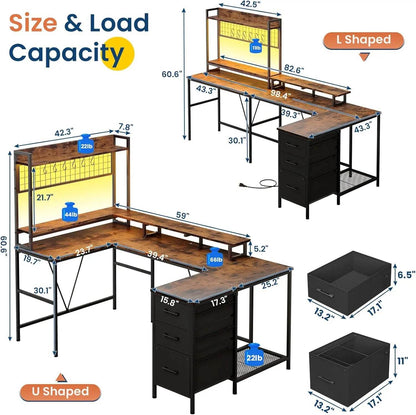 Gaming Desk with Hutch, 98.4in Reversible L Shaped Computer Desk with Power Outlets, Home Office Desk LED Light, Monito - MarvelouStoree