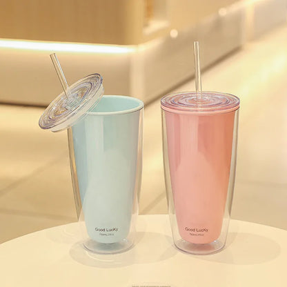 750ml Plastic Straw Cups Double-Layer with Straw Large Capacity Reusable Water Bottle for Drinking Coffee Mug Juice Milk Cup