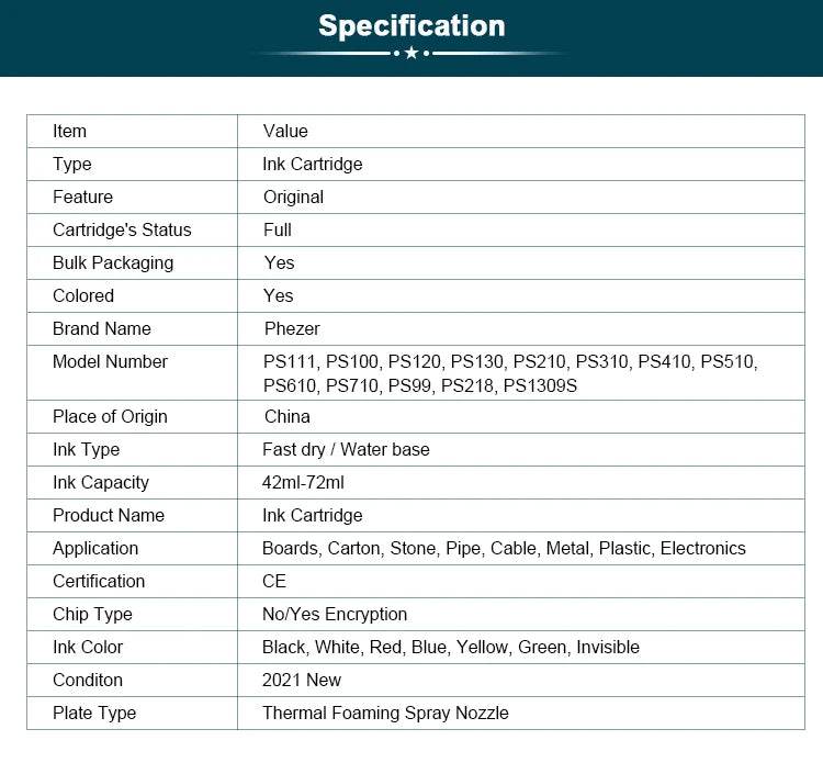 Phezer A Level PS100 Ink Cartridge Quick Dry 12.7mm Original White/Yellow/Black/Red/Bule/Green High Adhesion Printer Parts