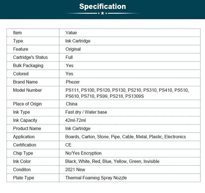 Phezer A Level PS100 Ink Cartridge Quick Dry 12.7mm Original White/Yellow/Black/Red/Bule/Green High Adhesion Printer Parts