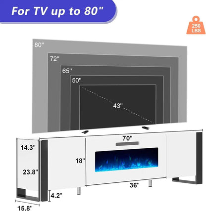 U Shaped Legs 70 inch Fireplace TV Stand Mirrored Finish Media Console with Electric Fireplace Modern LED Lights Storage White - MarvelouStoree