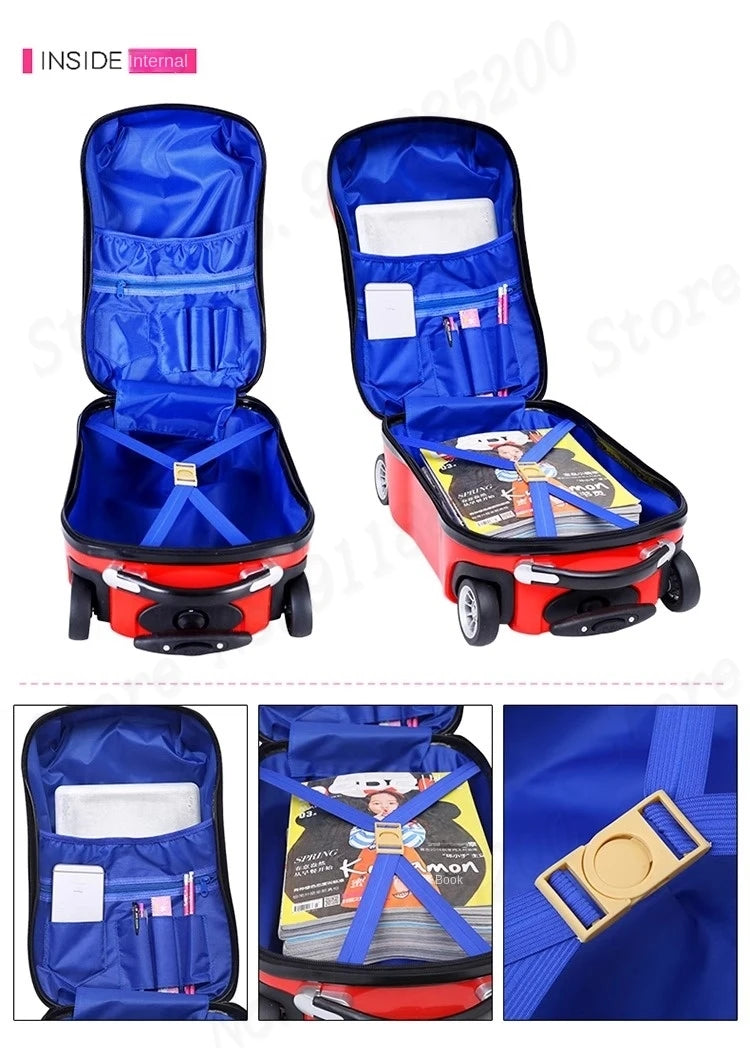 Cartoon Kids Suitcase Boys Can Ride 18" Trolley Box Car Elementary School Backpack with wheels 13" Travel Luggage Boarding Box