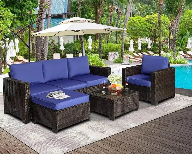 Q6 pieces set outdoor sectional wicker furniture patio couch with Ottoman for lawn, balcony, garden - MarvelouStoree