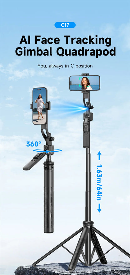 Selfie stick Tripod gimbal for Cell Phone 360°Auto-Rotation AI Tracking Stabilizer Shooting Quadrapod with Optional Fill Light