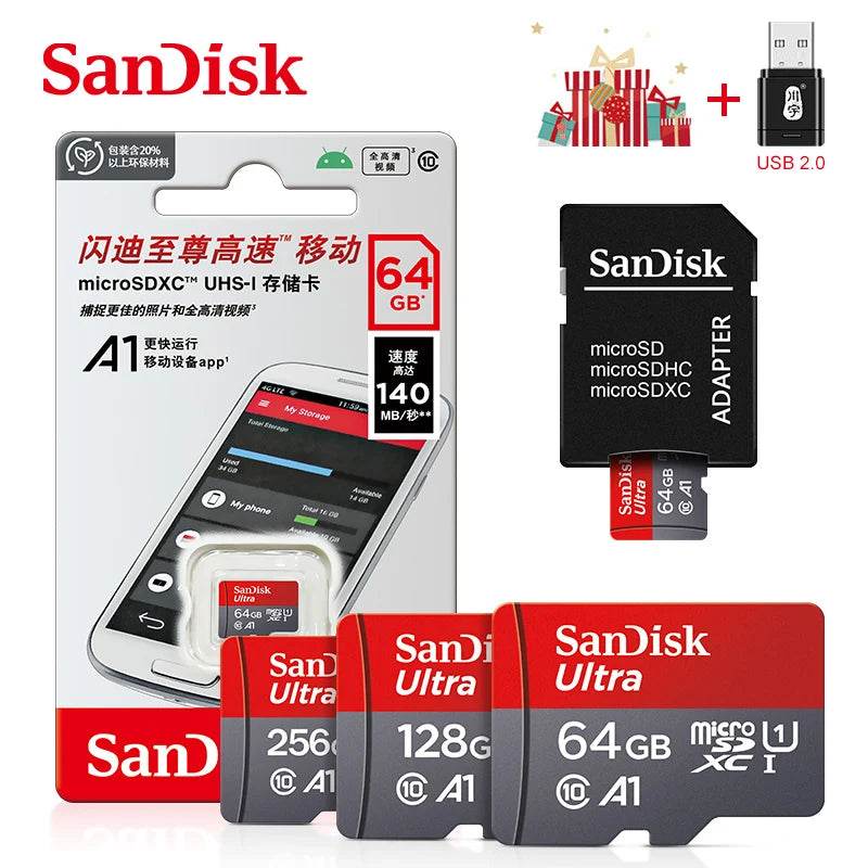 Sandisk Ultra A1 Micro SD Card 128GB 32GB 64GB 256GB Memory Card STF Flash Card Memory Cards 32/64/128GB for Phone + Card Reader - MarvelouStoree