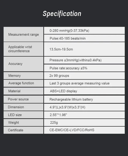Wrist Type Blood Pressure Monitor LED Display Fast Measurement Digital Tensiometer BP Tonometer Heart Rate USB Rechargeable