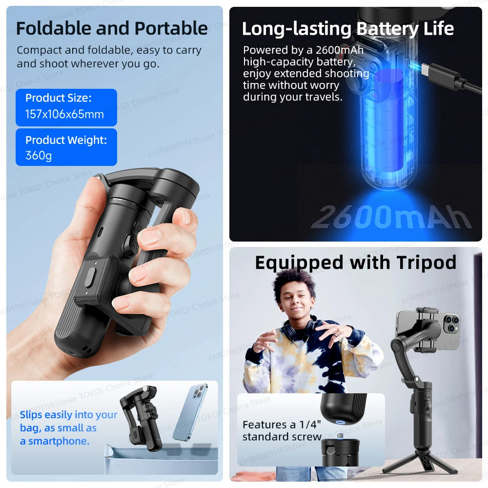 Handheld Gimbal Stabilizer Selfie Tripod with Wireless Remote for Smartphone 3-Axis Anti Shake Gimbal Foldable for iPhone Xiaomi