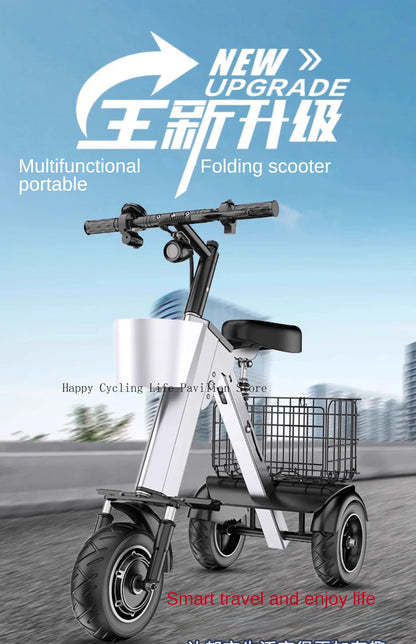 Folding Electric Tricycle With Removable Basket 48V 450W Mini Portable 3 Wheel Electric Scooter With Camping Trailer Support APP