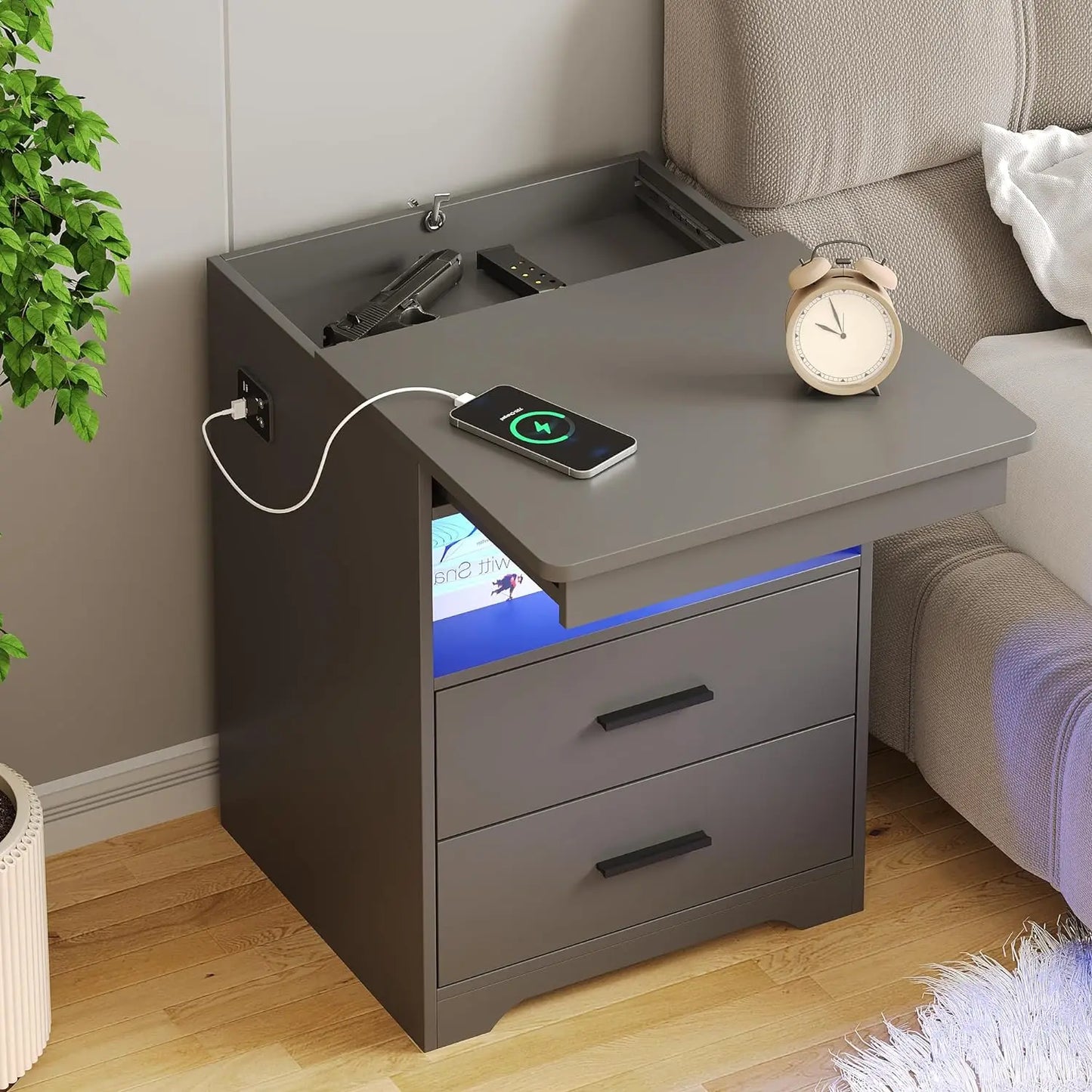 Nightstand Set of 2 with Gun Drawer: Smart LED Bedside Table Charging Station and 3 Color Lights, Modern Night Stand End Table