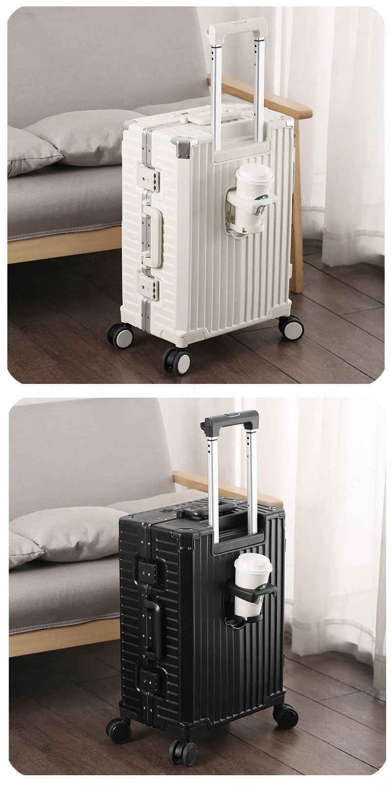 High Quality Suitcase Front Opening Luggage USB Phone Stand Aluminum Frame Rolling Trolley 20"26" Carry-on Suitcases Travel Bags