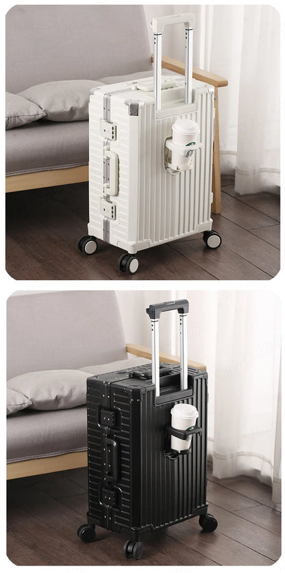 High Quality Suitcase Front Opening Luggage USB Phone Stand Aluminum Frame Rolling Trolley 20"26" Carry-on Suitcases Travel Bags