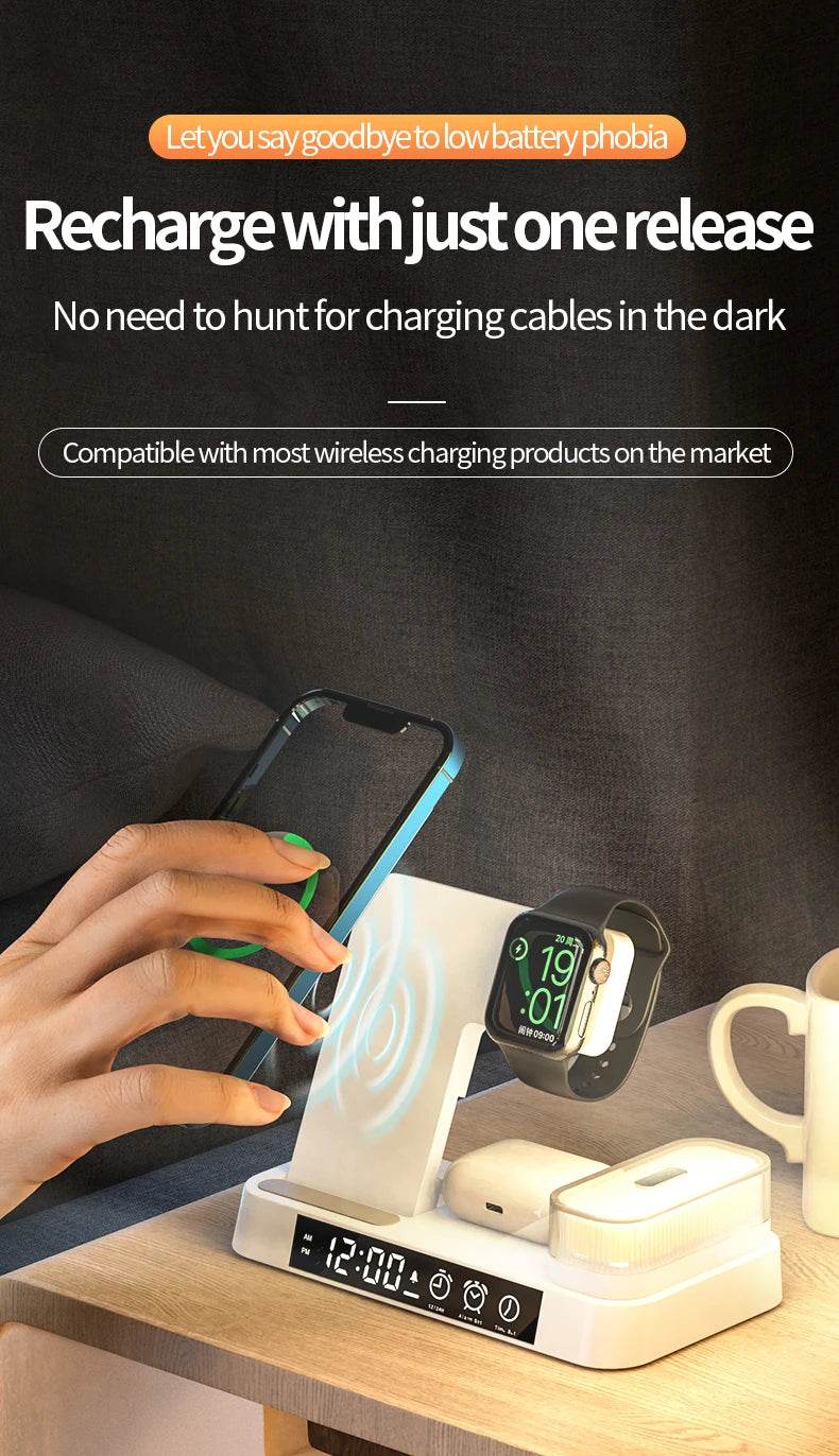 30W 3 In 1 Wireless Charger Stand Pad Alarm Clock Night Light Fast Charging Station Dock for iPhone Samsung Galaxy Watch IWatch - MarvelouStoree