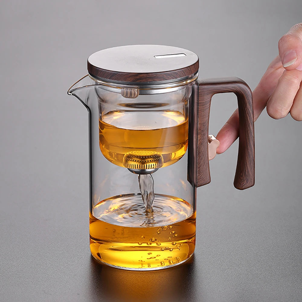 520ML/720ML Glass Teapot Water Separation Inner Container One Click Magnetic Switch Tea Filtration Tea Pot Wood Handle Cup Set