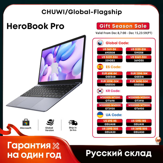 CHUWI HeroBook Pro Laptop 14.1 inch IPS Screen 8GB RAM 256GB SSD Intel Celeron N4020 Dual Core Windows 11 System Computer PC