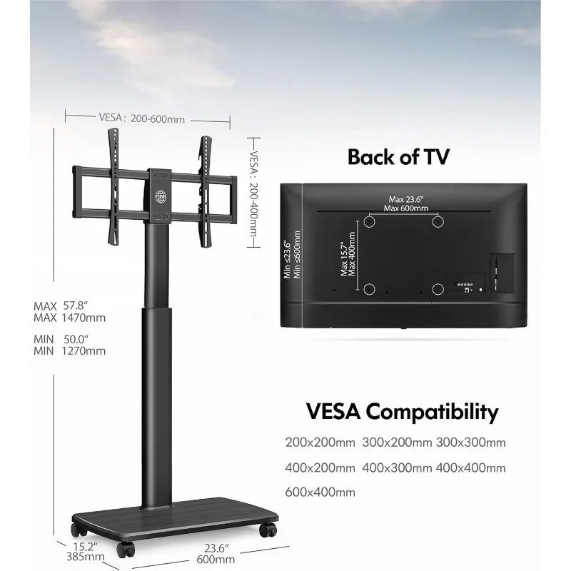 Rolling TV Floor Stand for 32 to 65 70 Inch TVs, Portable Mobile TV Cart on Wheels, Black Tall TV Stand with Swivel Mount