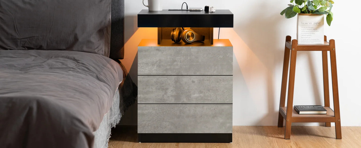 Set of 2LED with Wireless Charging Station Concrete Gray Matte Bedside Table with Led Light Smart Nightstand USB Port 3 Drawers