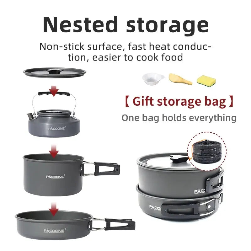 PACOONE Camping Cookware Set Portable Cookware Kit Outdoor Pot Cooking Water Kettle Pan Set Tableware Hiking Picnic Equipment