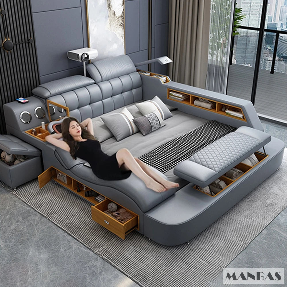 Linlamlim Luxury King Size Genuine Leather Bed / Tech Smart Bed / Multifunctional Ultimate Beds / Massage Bed with USB,Projecter