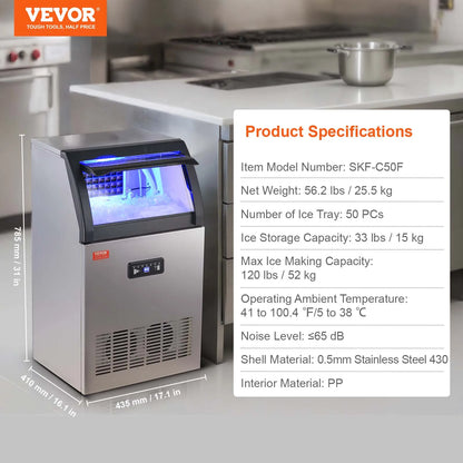 VEVOR Commercial Ice Maker 100lbs/24H Ice Maker Machine 45 Ice Cubes in 12-15 Minutes Freestanding Cabinet Ice Maker LED Display