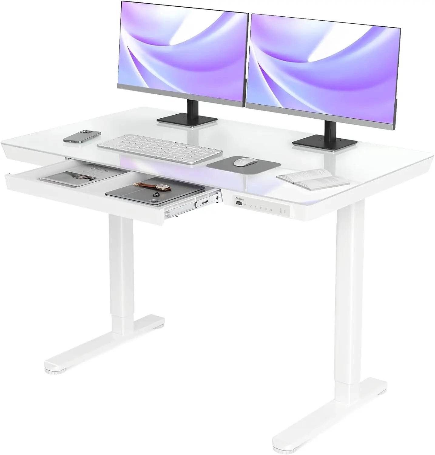 Glass Standing Desk with Drawers, 48×24 Inch Adjustable Stand Up Desk, Quick Install Home Office Computer Desk with USB Ports - MarvelouStoree