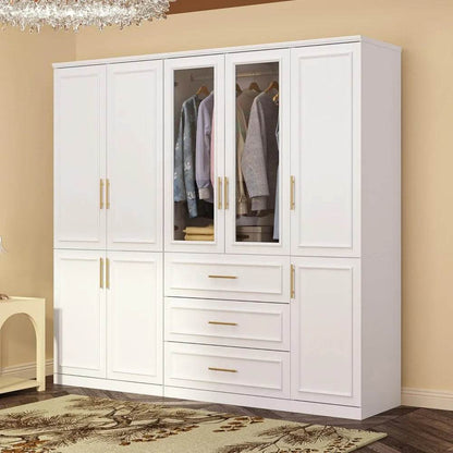 White ultra wide wardrobe with 8 doors, drawers, storage shelves and hanging poles, wooden wardrobe, bedroom storage cabinet - MarvelouStoree