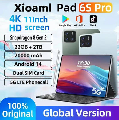 2024 New Original Tablet PC Pad 6S Pro 16GB 22GB 1TB 2TB tablet Snapdragon 8 gen2 11" Android 14 20000mAh 5G WIFI 4K HD Tablet