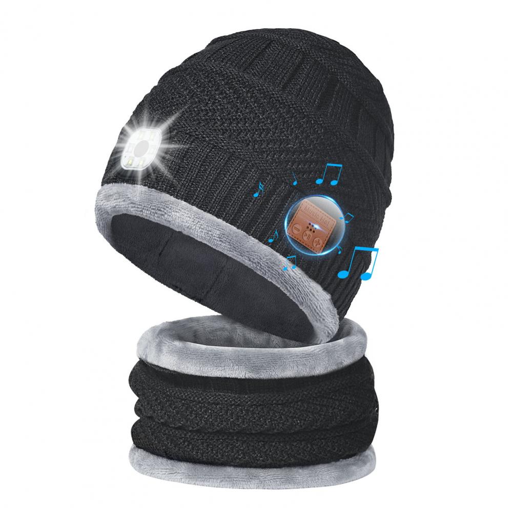 LED Headphone Hat Neck Warmer Set Winter Warm Cap Knitted Elastic Soft Fabric Rechargeable High Brightness Illumination Waterpro