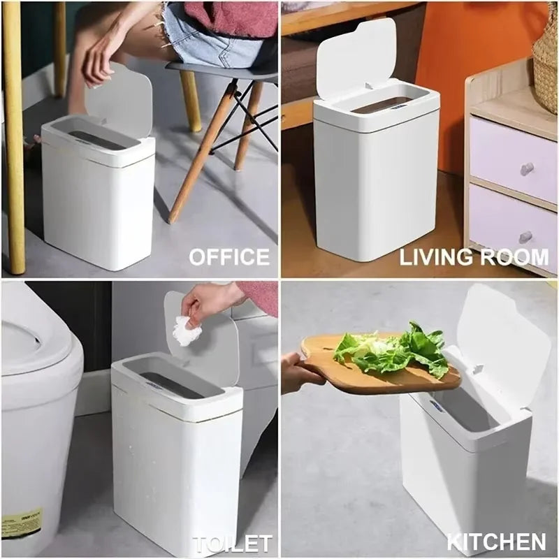 White 15L Smart Bathroom Trash Can Non-Contact Narrow Smart Sensor Trash Can Smart Home Automatic Bagging Electronic Trash Can