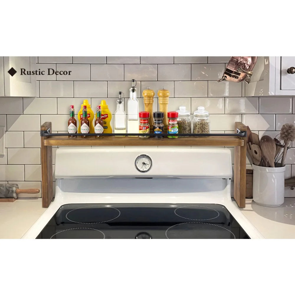 US Stove Top Spice Rack - Deluxe Rustic Burnt Solid Wood and Industrial Black Metal Space Saving Over The Stovetop