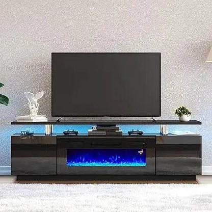 Fireplace TV Stand with Fireplace, Modern High Gloss Fireplace Entertainment Center LED Lights, 2 Tier TV Console Cabinet - MarvelouStoree