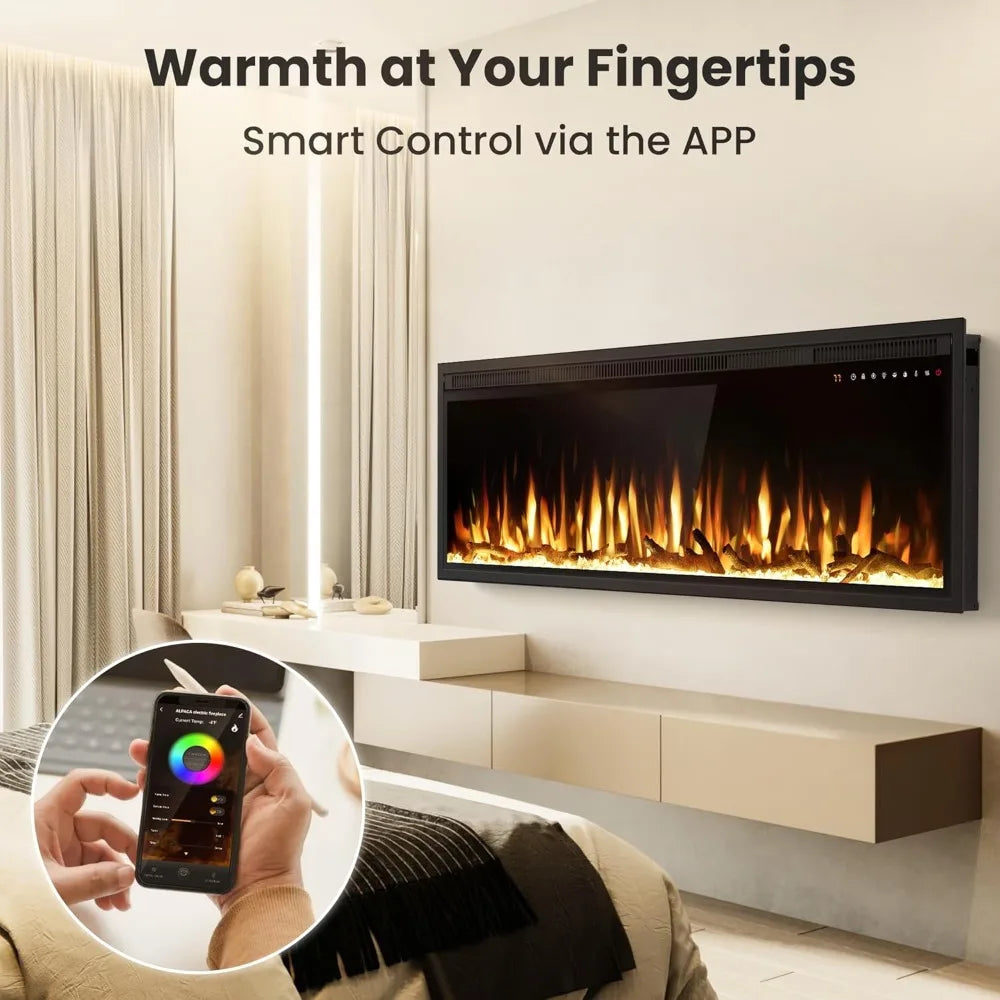 Smart 50" WiFi-Enabled Electric Fireplace Heater, Recessed in-Wall and Wall-Mounted Linear Fireplace