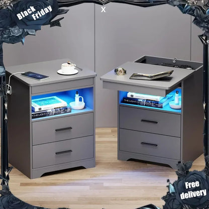 Nightstand Set of 2 with Gun Drawer: Smart LED Bedside Table Charging Station and 3 Color Lights, Modern Night Stand End Table