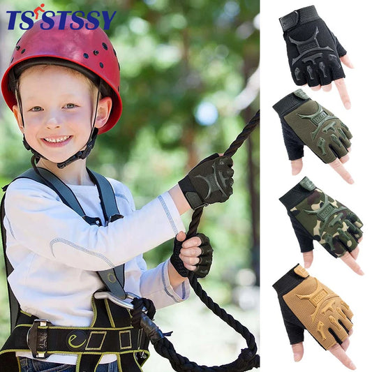 1Pair Kids Tactical Fingerless Gloves Army Military Camo Anti-Skid Mittens Half Finger Boys Girls Children Outdoor Sport Cycling