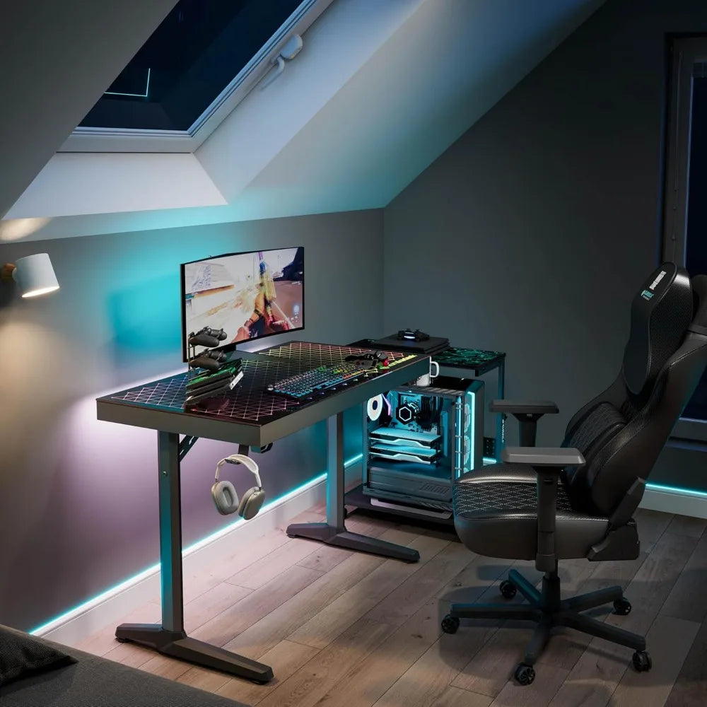 LED Gaming Desk, Music Sync Lights Up Tempered Glass Desktop, 43" Office Computer Table W Controller Rack 4 USB Charging Ports