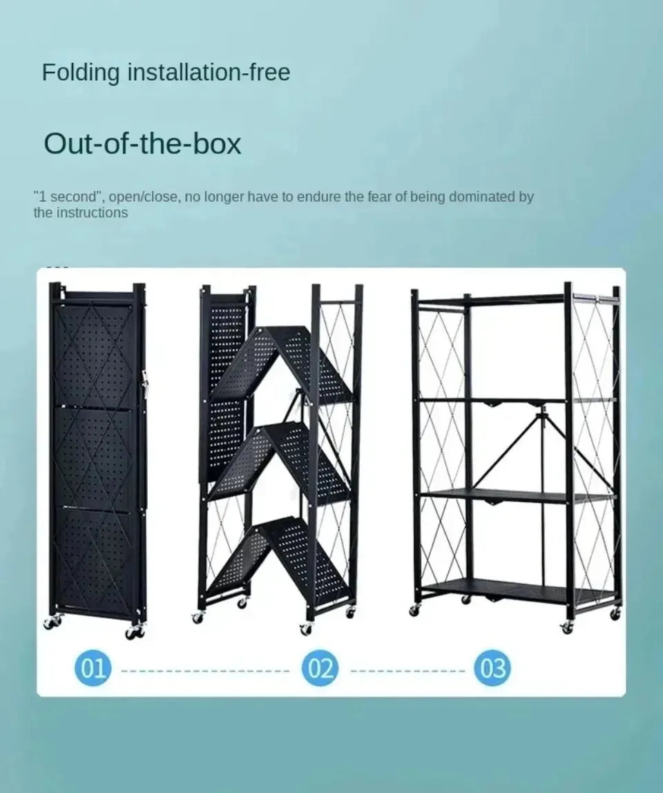 One-Second Foldable Storage Racks Folding Kitchen Organizer Shelf Standing Multi-Layer Storage Rack Movable Organizing Shelves