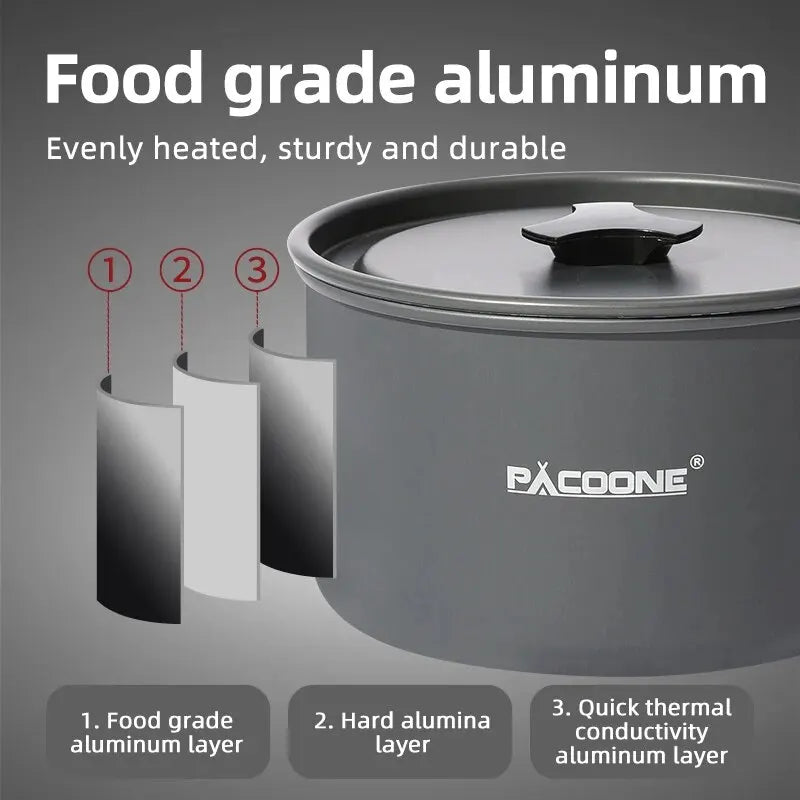 PACOONE Camping Cookware Set Portable Cookware Kit Outdoor Pot Cooking Water Kettle Pan Set Tableware Hiking Picnic Equipment